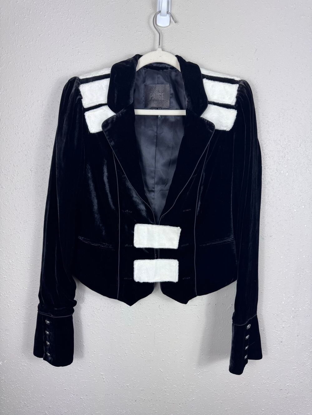 HTF Paige Marbel Black Velvet Military Jacket With White Womens Size Small